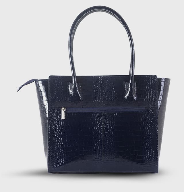 Navy croc-embossed tote bag with front zip pocket