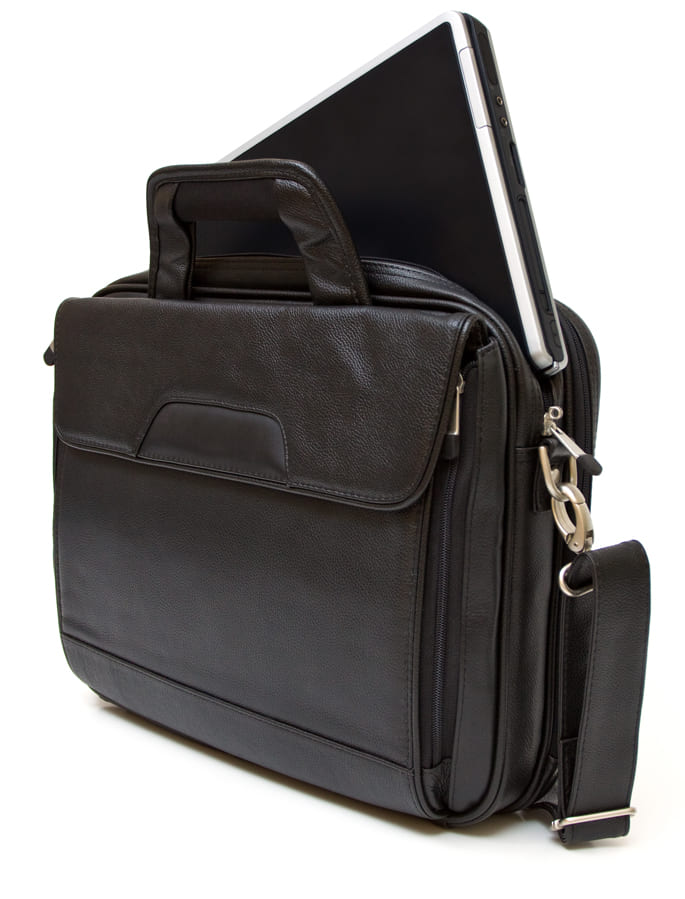Black leather laptop case with padded handle, shoulder strap, and laptop compartment