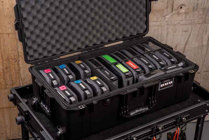 Color-coded sewn pouches organized inside a foam-lined protective case